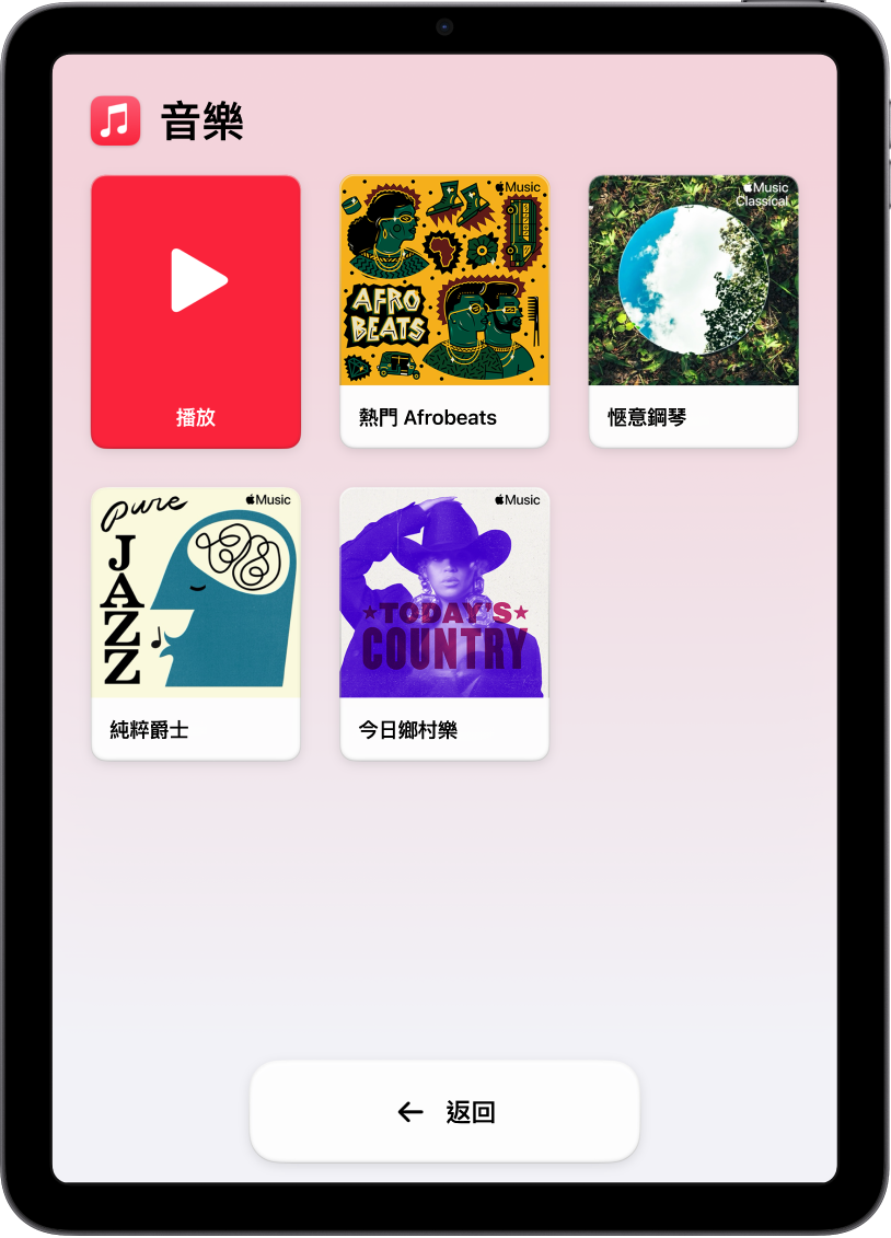 進入「自訂輔助取用」且打開「音樂」App 的 iPad。「播放」按鈕位於螢幕左上角，「返回」按鈕位於底部。以放大版格狀項目顯示的播放列表填滿螢幕中央。