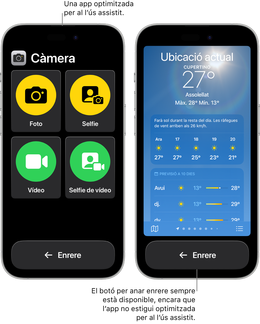 Dues pantalles d’iPhone amb ús assistit. En un iPhone s’hi veu una app dissenyada per a l’ús assistit amb una gran retícula de botons. A l’altre iPhone s’hi veu una app que no està dissenyada per a l’ús assistit amb el seu disseny original. L’app es veu més petita a la pantalla i hi ha un botó “Enrere” gran a la part inferior.