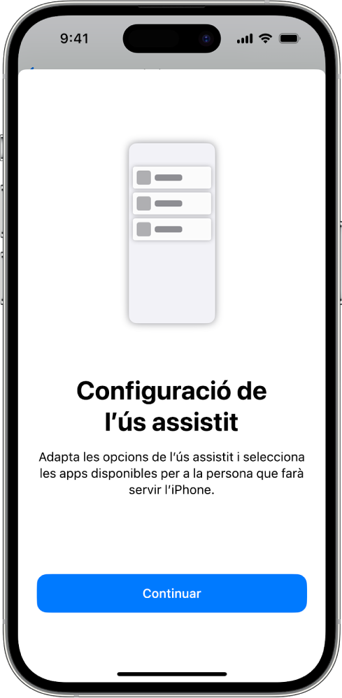 Un iPhone amb la pantalla de configuració de l’ús assistit i el botó “Continua” a la part inferior.