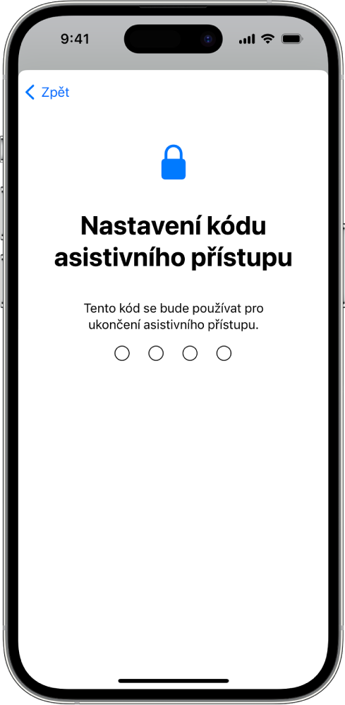 Na displeji iPhonu je zobrazené nastavení přístupového kódu, který se bude používat ke spouštění a ukončování asistivního přístupu.