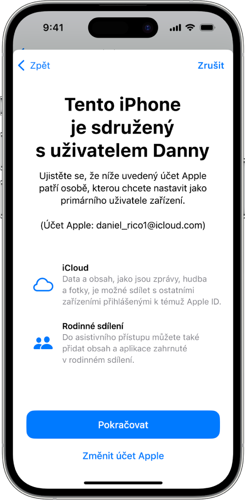 Na iPhonu se zobrazuje účet Apple sdružený se zařízením a informace o službách iCloud a Rodinné sdílení, které je možné s asistivním přístupem používat