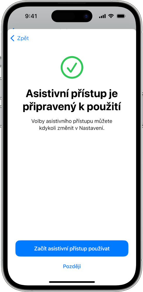 Na displeji iPhonu se zobrazuje informace o tom, že asistivní přístup je připravený k použití, a tlačítko, kterým lze asistivní přístup spustit.