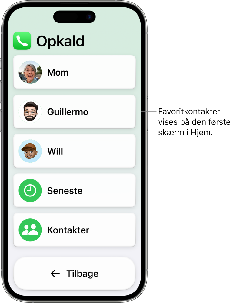 En iPhone i Let tilgængelighed med appen Opkald åben, der viser en liste over kontakters fotos og navne.