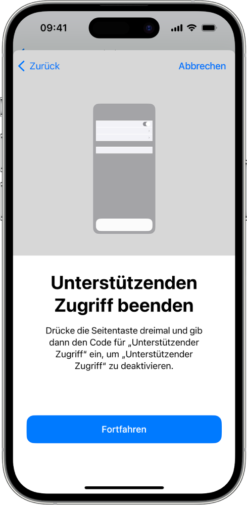 Ein iPhone mit einem Bildschirm, der das Beenden von „Unterstützender Zugriff“ erklärt.