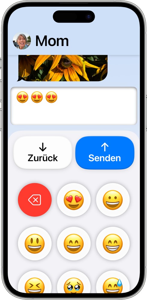 Ein iPhone mit der aktivierten Funktion „Unterstützender Zugriff“ und der geöffneten App „Nachrichten“. Eine Nachricht wird unter Verwendung der Emoji-Tastatur gesendet.