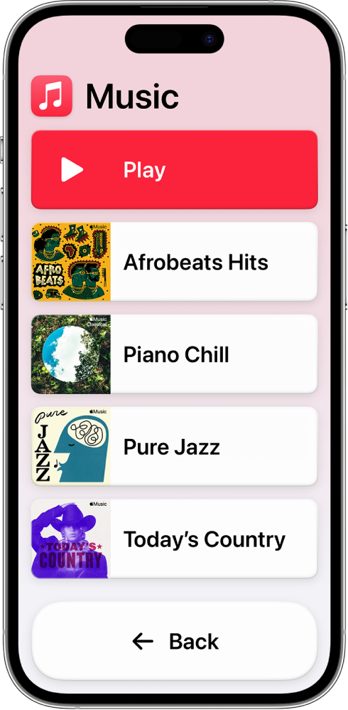 An iPhone in Assistive Access with the Music app open. The Play button is at the top of the screen and the Back button is at the bottom. A list of playlists fills the middle of the screen.