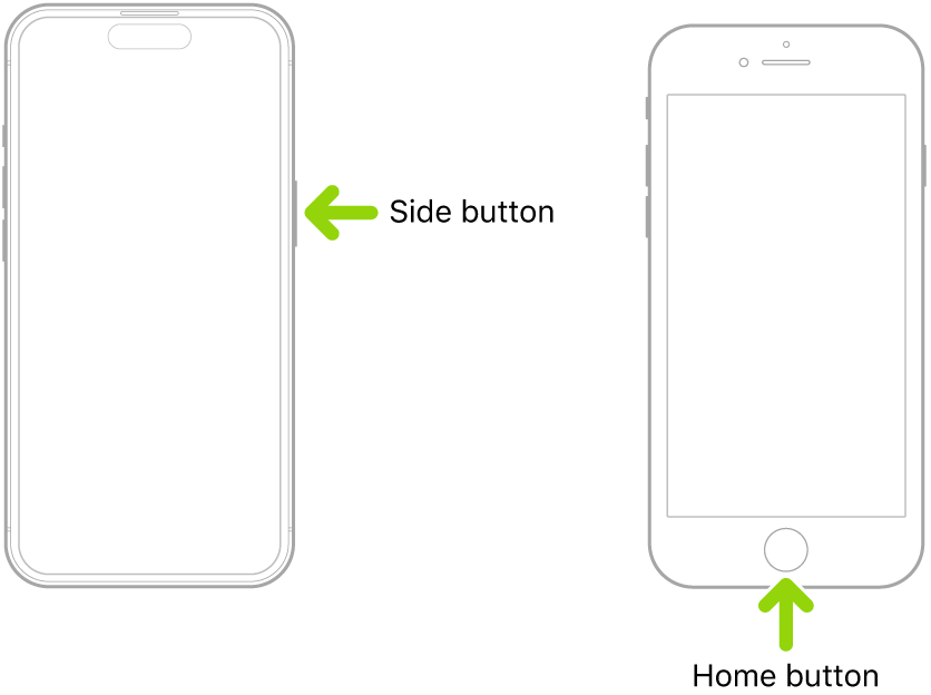 An iPhone with a side button and no Home button, and an iPhone with a Home button. An arrow points to the location of each button.