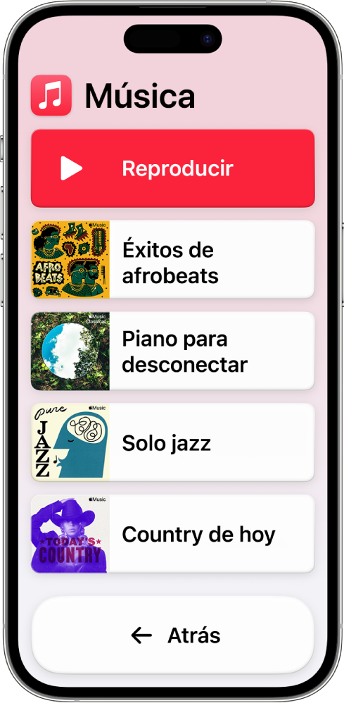 Un iPhone en el modo de acceso asistido con la app Música abierta. El botón Reproducir está en la parte superior de la pantalla y el botón Atrás está en la parte inferior. Una lista de playlists ocupa la mitad de la pantalla.