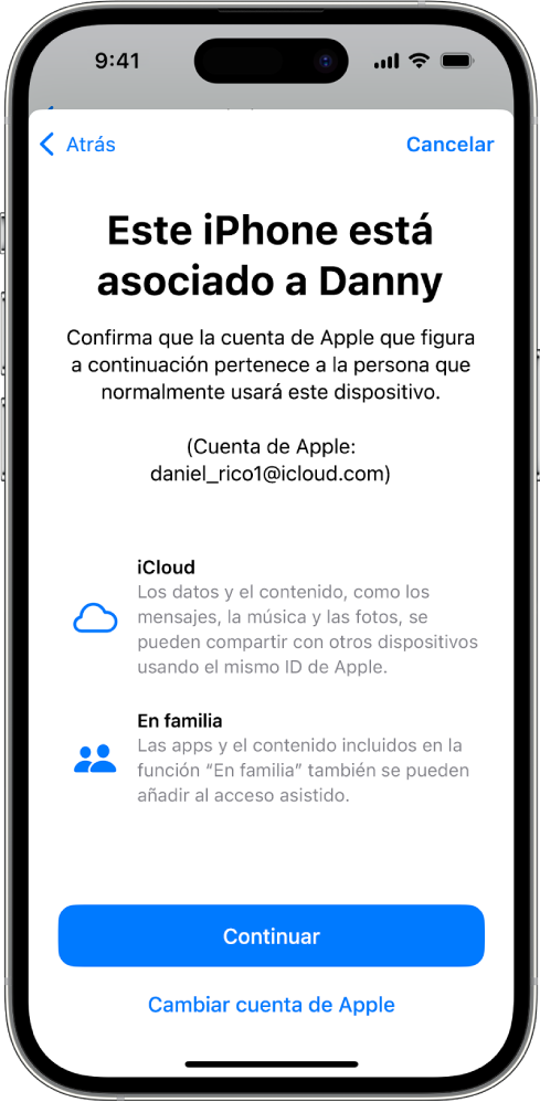 iPhone con la cuenta de Apple asociada con el dispositivo e información sobre las funciones de iCloud y “En familia” que se pueden usar con el acceso asistido.