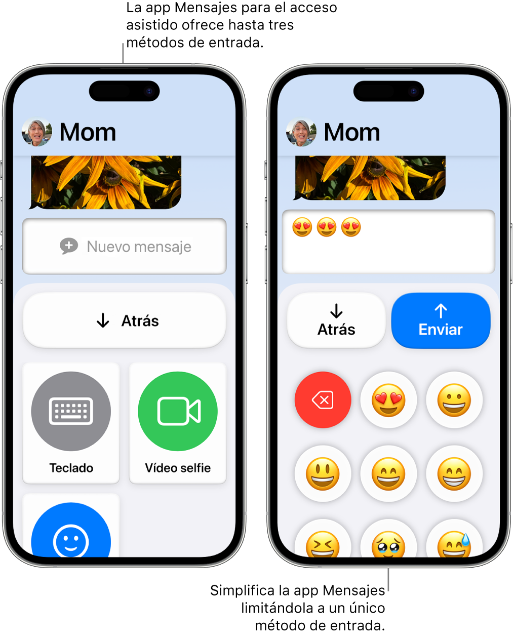 Dos pantallas de iPhone en el modo de acceso asistido. Un iPhone muestra la app Mensajes con los métodos de entrada que el usuario puede elegir, como Teclado o “Vídeo selfie”. El otro muestra un mensaje que se está enviando con un teclado que solo contiene emojis.