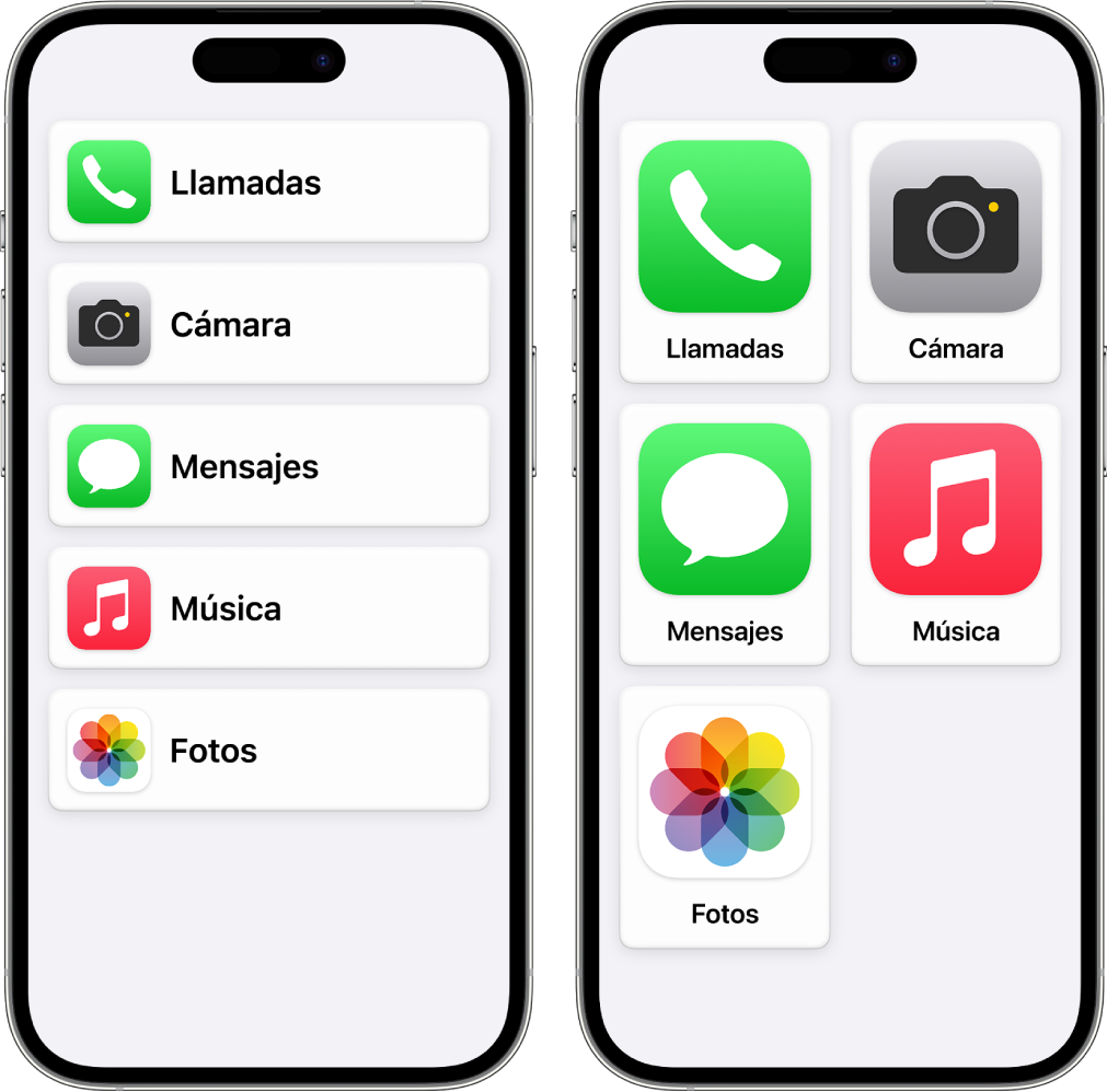 Dos pantallas de iPhone en el modo de acceso asistido. Uno muestra la pantalla de inicio con las apps en forma de lista con filas. El otro muestra las apps con iconos más grandes dispuestos en una cuadrícula.