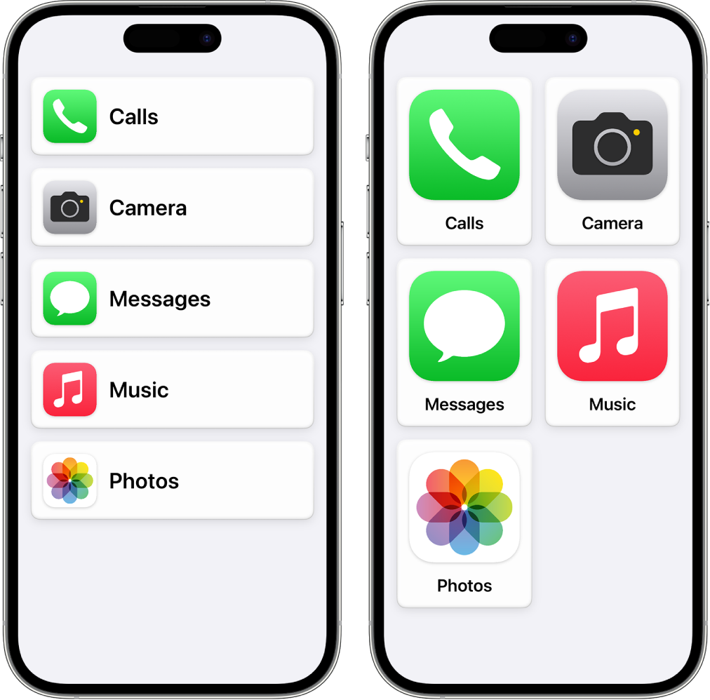 Kaks iPhone’i ekraani, milles kasutatakse Assistive Accessi. Ühes on Home Screen-kuva, mille rakendused on loendikujul. Teises on rakendused korrastatud suurelt ruudustikku.