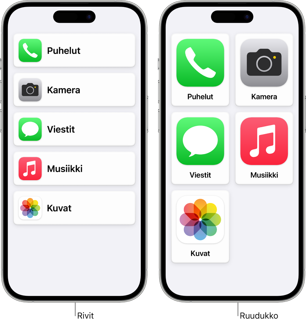 Kaksi iPhonea, joiden näytöissä on päällä avustettu käyttö. Yhdessä on avoinna Koti-valikko, jossa apit luetellaan rivi kerrallaan. Toisessa on suuremmat appikuvakkeet, jotka näytetään ruudukkoon järjestettynä.