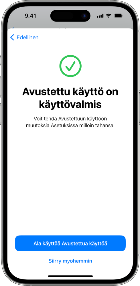 iPhone, jossa avustettu käyttö on valmiina käyttöön. Näytön alalaidassa on painike, josta avustettuun käyttöön voi siirtyä.