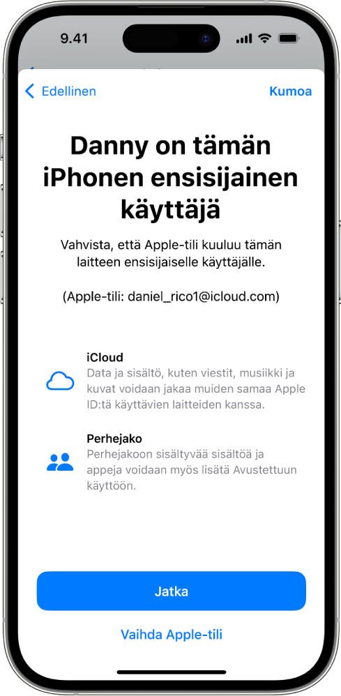 iPhone, jossa on näkyvissä laitteeseen yhdistetty Apple-tili ja tietoa iCloud- ja Perhejako-ominaisuuksista, jotka ovat saatavilla avustetussa käytössä.