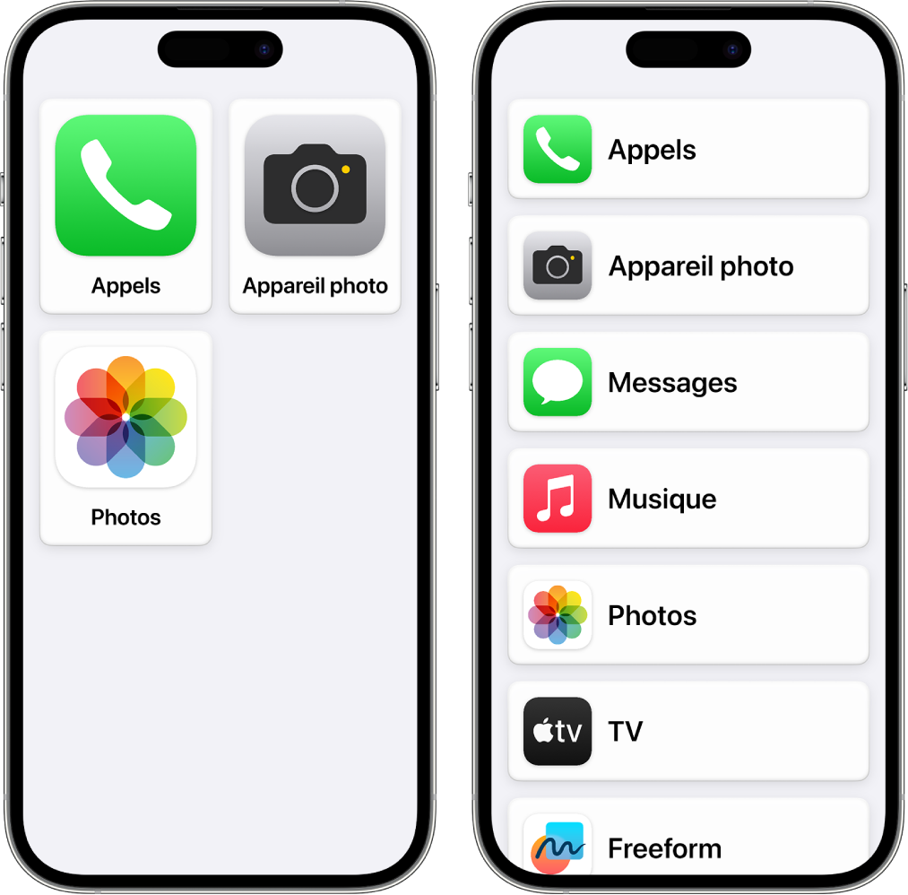 Deux écrans d’iPhone présentant l’écran d’accueil d’Accès d’aide. Un iPhone affiche une grande grille contenant juste quelques apps. L’autre affiche de nombreuses apps disposées sous forme de liste.