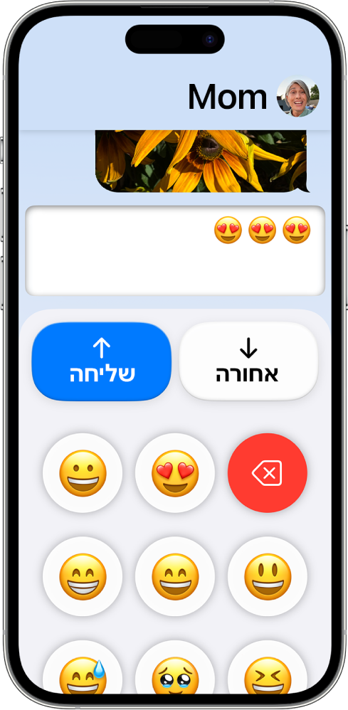 מכשיר iPhone ב״גישה מסייעת עם היישום ״הודעות״ פתוח. הודעה נשלחת באמצעות מקלדת של אמוג׳י בלבד.