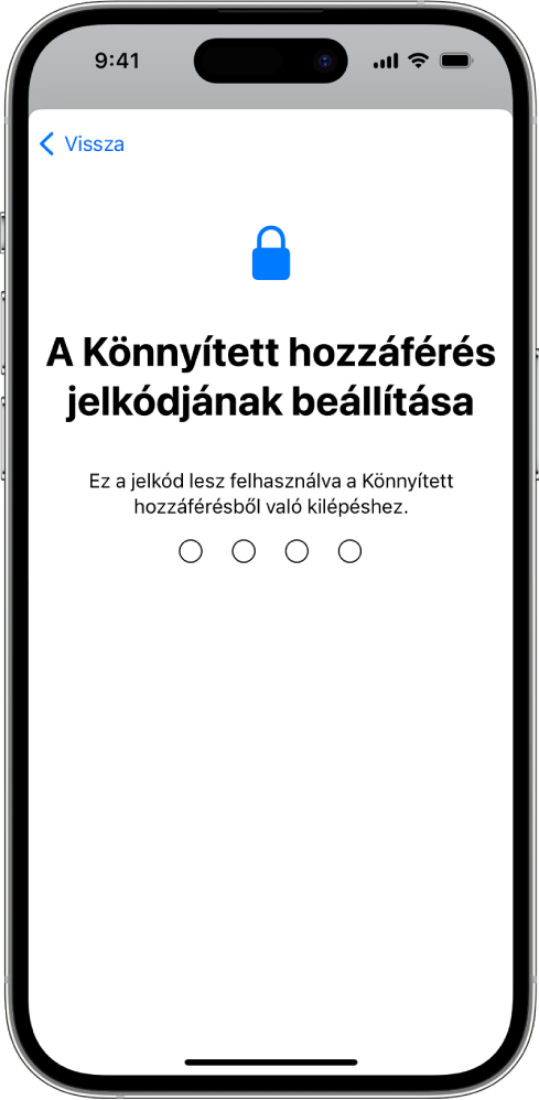 Egy iPhone képernyője, amelyen a Könnyített hozzáférés aktiválásakor és az abból való kilépéskor használt jelkódot lehet beállítani.