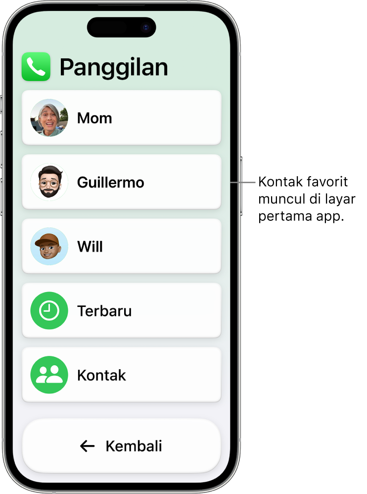 iPhone dalam Akses Bantuan dengan app Panggilan terbuka, menampilkan daftar foto serta nama kontak.