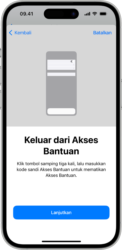 iPhone dengan layar yang menjelaskan cara keluar dari Akses Bantuan.