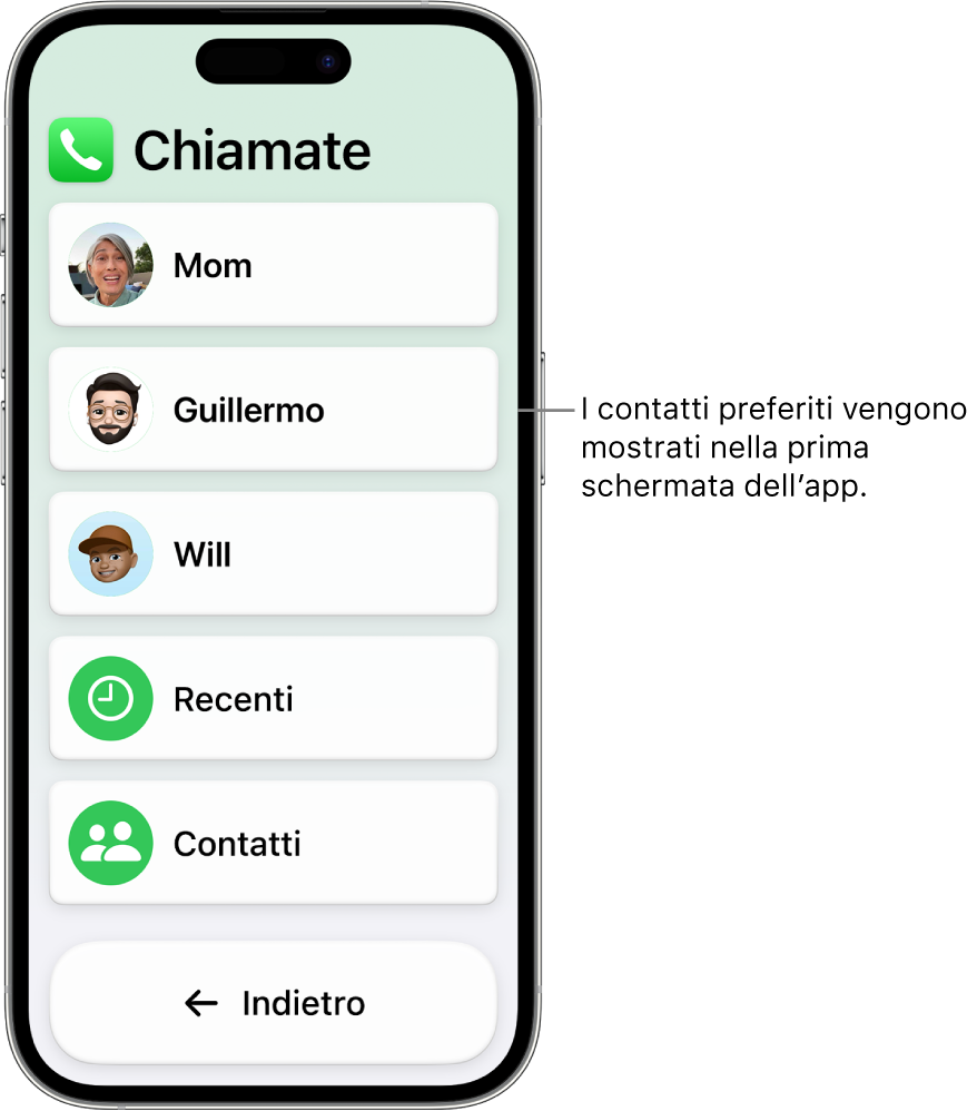 Un iPhone in modalità di accesso assistito con l’app Chiamate aperta che mostra un elenco di foto e nomi dei contatti.