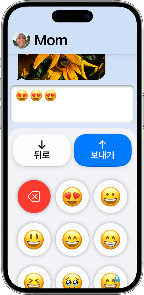 보조 접근을 사용 중인 iPhone에 메시지 앱이 열려 있음. 이모티콘 전용 키보드를 사용하여 메시지를 보내고 있음.