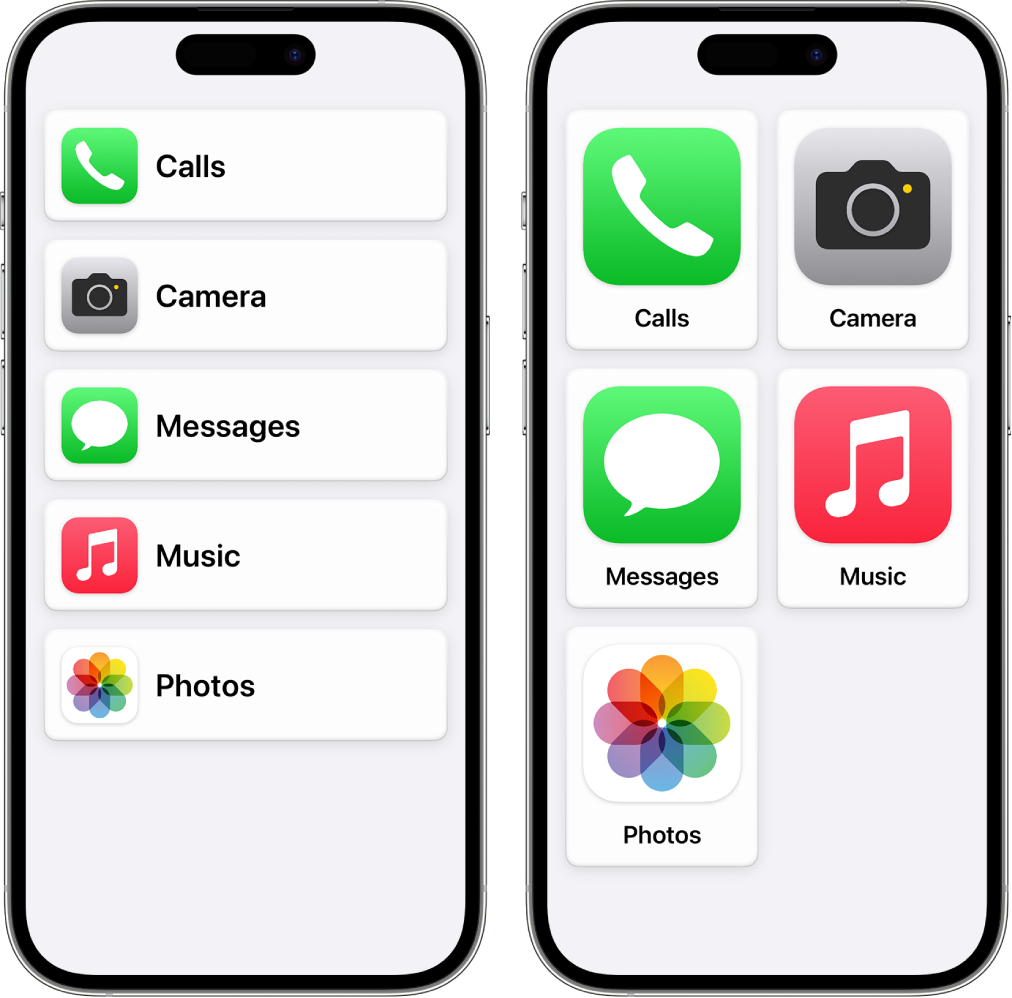 Du „iPhone“ ekranai, kuriuose veikia „Assistive Access“. Viename rodomas pradžios ekranas ir eilutėje pateikiamos programos. Kitame rodomos tinklelyje išdėstytos didesnės programos.