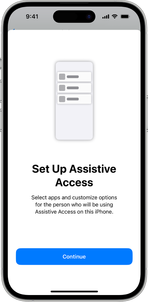 „iPhone“ įrenginyje rodomas „Assistive Access“ sąrankos ekranas, kurioje apačioje pateiktas mygtukas „Continue“.