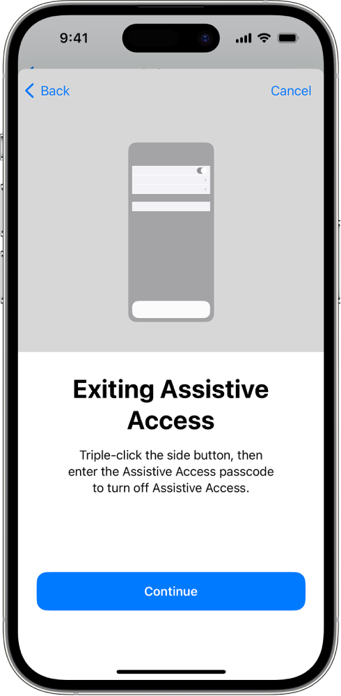 „iPhone“ ekrane paaiškinta, kaip išjungti „Assistive Access“.