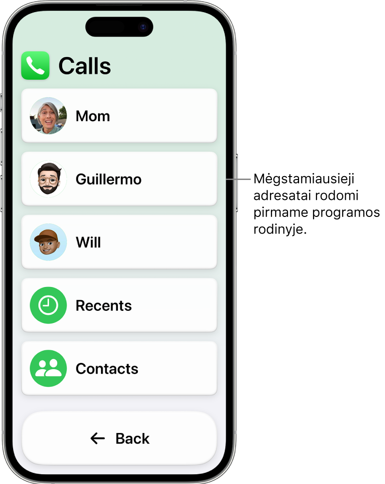 „iPhone“ įrenginyje įjungus „Assistive Access“ rodoma atidaryta programa „Calls“, matomas kontaktų nuotraukų ir vardų sąrašas.