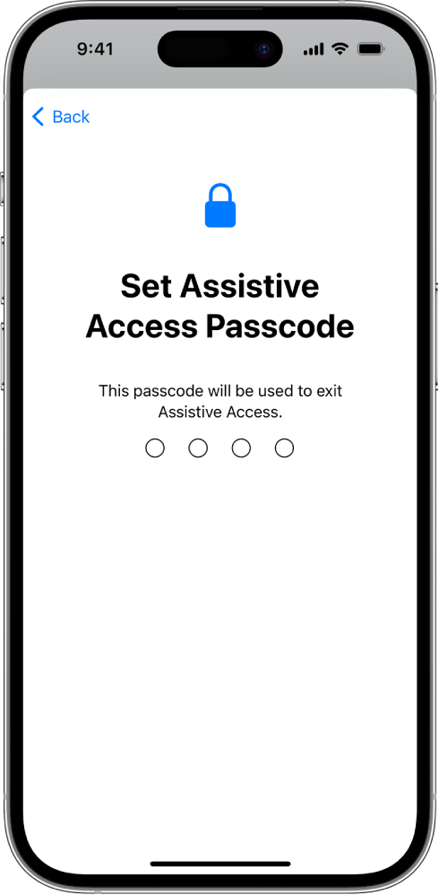 Rodomas „iPhone“ ekranas, skirtas nustatyti „Assistive Access“ prieigos kodą, naudojamą įjungiant ir išjungiant „Assistive Access“.