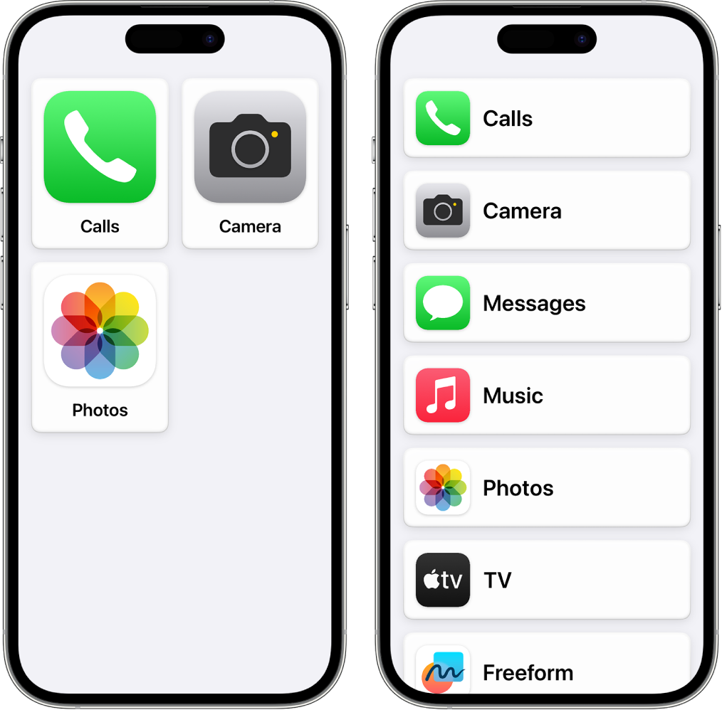 Divi iPhone tālruņu ekrāni, kuros redzams Assistive Access sākuma ekrāns. Vienā iPhone tālrunī ir redzams liels režģis ar dažām lietotnēm. Otrā iPhone tālrunī redzamas vairākas lietotnes sarakstā.