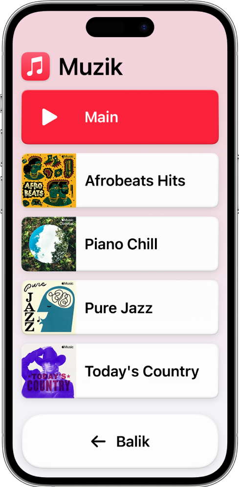 iPhone dalam Akses Bantu dengan app Muzik dibuka. Butang Main di bahagian atas skrin dan butang Balik di bahagian bawah. Senarai yang terdiri daripada senarai main mengisi bahagian tengah skrin.