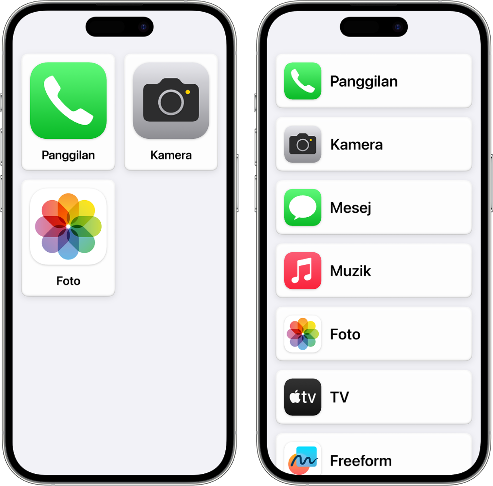 Dua skrin iPhone menunjukkan Skrin Utama Akses Bantu. Satu iPhone menunjukkan grid besar dengan hanya beberapa app. Satu lagi iPhone menunjukkan banyak app dalam senarai.