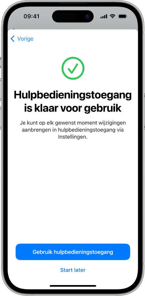 Een iPhone waarop wordt aangegeven dat hulpbedieningstoegang klaar is voor gebruik. Onderin staat een knop waarmee hulpbedieningstoegang kan worden gestart.