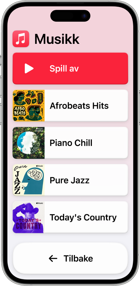 En iPhone i Assistert tilgang med Musikk-appen åpen. Spill av-knappen er øverst på skjermen, og Tilbake-knappen er nederst. En spilleliste dekker midten av skjermen.
