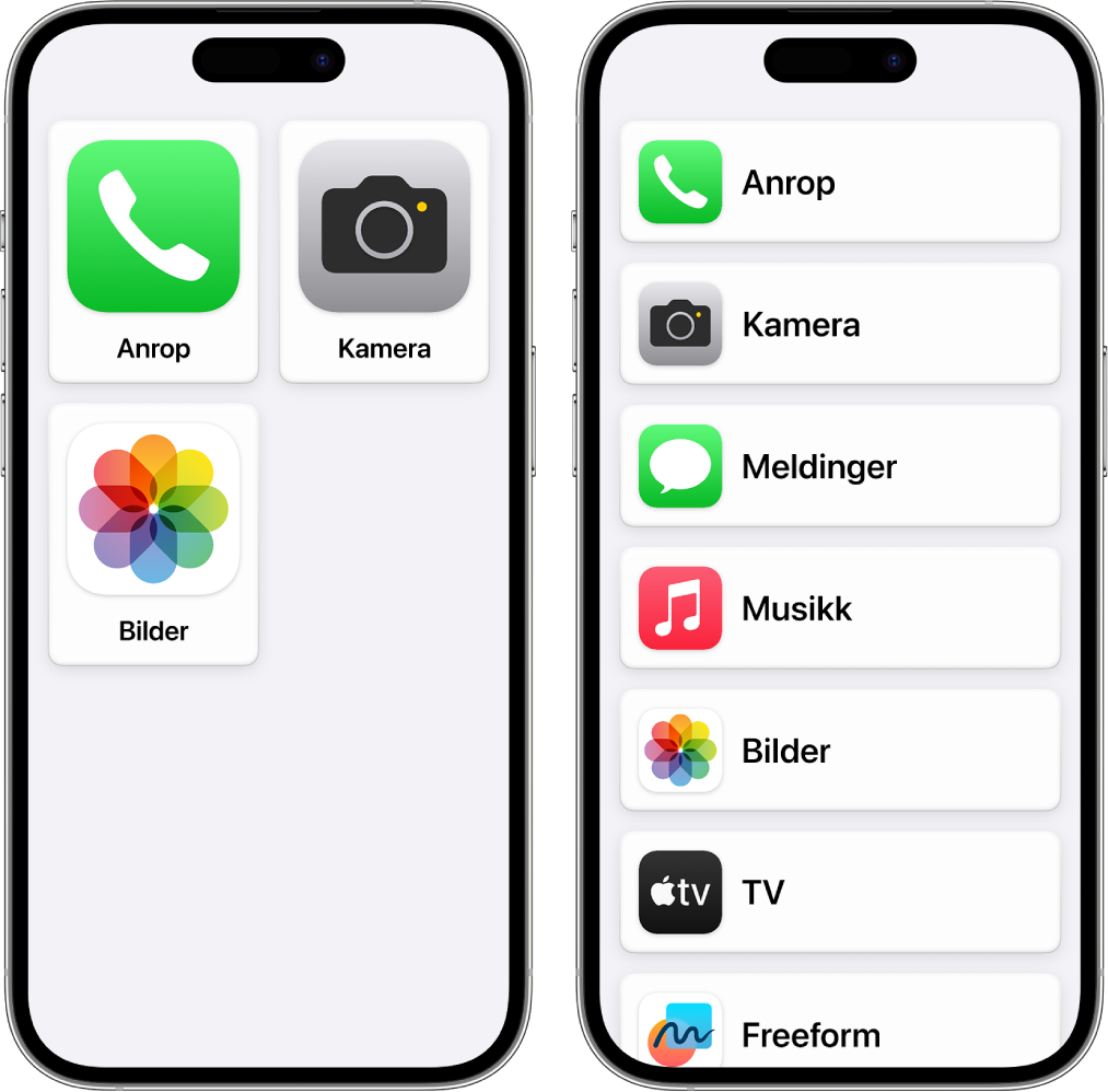 To iPhone-skjermer som viser Hjem-skjermen for Assistert tilgang. En annen iPhone viser et stort rutenett med noen få apper. Den andre iPhonen viser mange apper i en liste.