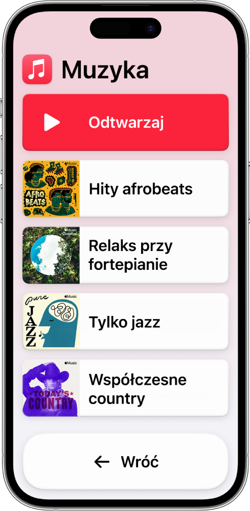 iPhone z trybem Dostęp wspomagany i otwartą aplikacją Muzyka Przycisk Odtwórz znajduje się na górze ekranu, a przycisk Wstecz na dole. Spis playlist jest na środku ekranu.