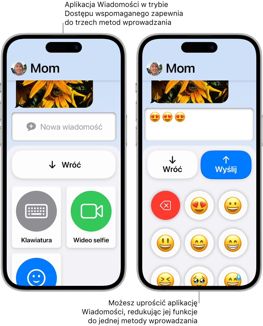Dwa ekrany iPhone’a z trybem Dostęp wspomagany Jeden iPhone wyświetlający aplikację Wiadomości z metodami wprowadzania do wyboru przez użytkownika, takimi jak Klawiatura i Wideo selfie. Drugi wyświetlający wiadomość wysyłaną za pomocą klawiatury z samymi ikonami emoji.