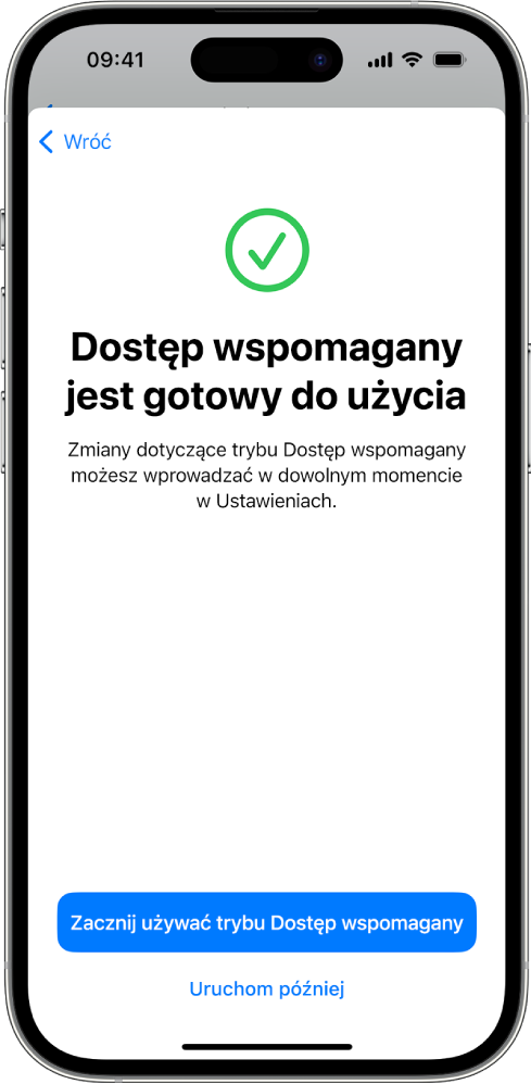 iPhone wyświetlający informację o gotowości do użycia trybu Dostęp wspomagany, z przyciskiem u dołu umożliwiającym przejście do trybu Dostęp wspomagany.