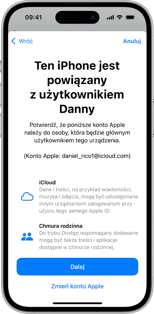 iPhone wyświetlający konto Apple powiązane z urządzeniem oraz informacje o usłudze iCloud i funkcjach Chmury rodzinnej, których można używać z trybem Dostęp wspomagany.