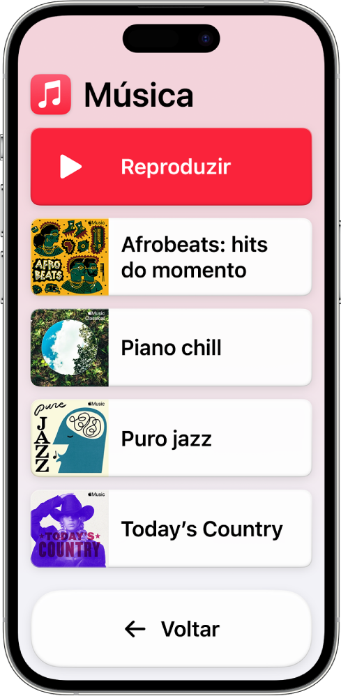 iPhone no Acesso Assistivo com o app Música aberto. O botão Reproduzir está na parte superior da tela e o botão Voltar, na parte inferior. Uma lista de playlists ocupa o meio da tela.