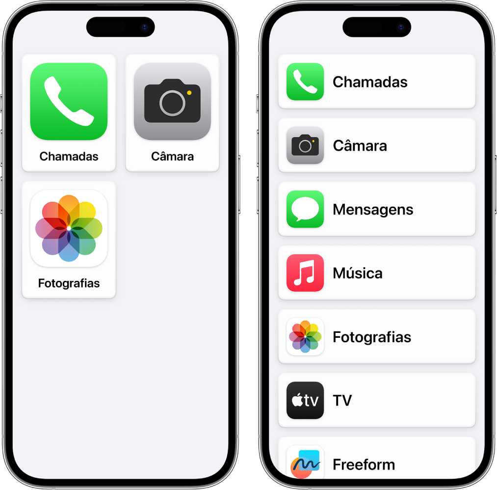 Dois ecrãs de iPhone mostram o ecrã principal do Acesso assistido. Um iPhone mostra uma grande grelha com apenas algumas aplicações. O outro mostra muitas aplicações numa lista.