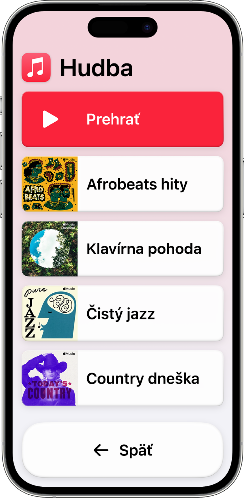 Na iPhone v režime asistenčného prístupu je otvorená apka Hudba. Na vrchu obrazovky je tlačidlo Prehrať a v dolnej časti je tlačidlo Späť. V strede obrazovky je zoznam playlistov.
