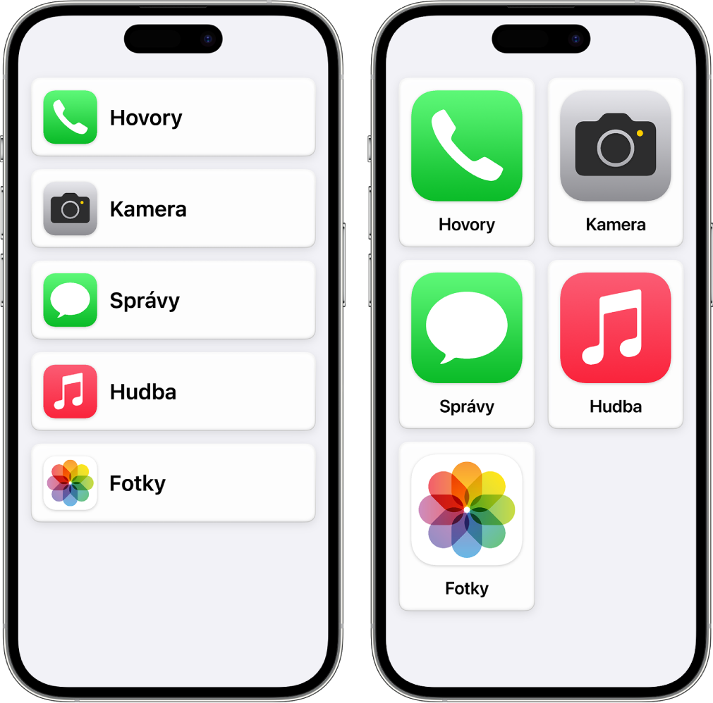 Obrazovky dvoch iPhonov v režime asistenčného prístupu. Na jednom sa zobrazuje plocha s apkami usporiadanými do riadku. Druhý zobrazuje väčšie ikony apiek zoradené v mriežke.