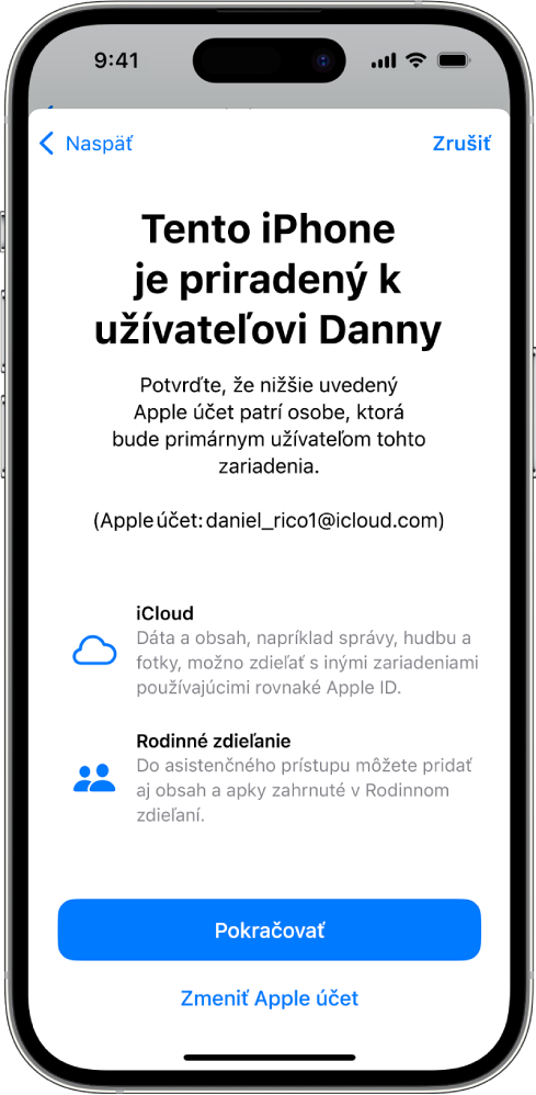 Na iPhone sa zobrazuje Apple účet prepojený so zariadením a informácie o iCloude a Rodinnom zdieľaní, ktoré možno používať s asistenčným prístupom.