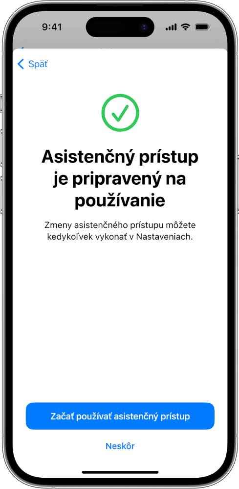 Na iPhone sa zobrazuje informácia, že asistenčný prístup je pripravený na používanie s tlačidlom na spustenie asistenčného prístupu v dolnej časti.