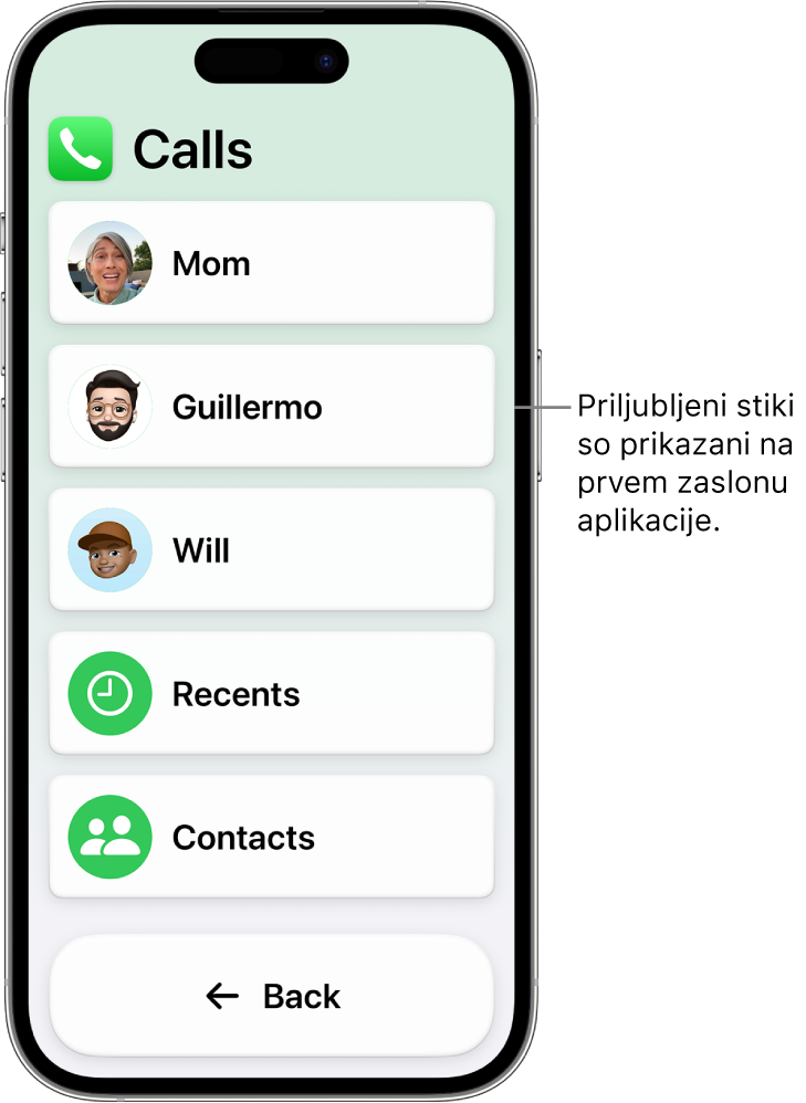 iPhone s funkcijo Assistive Access z odprto aplikacijo Calls, ki prikazuje seznam fotografij in imen stikov.
