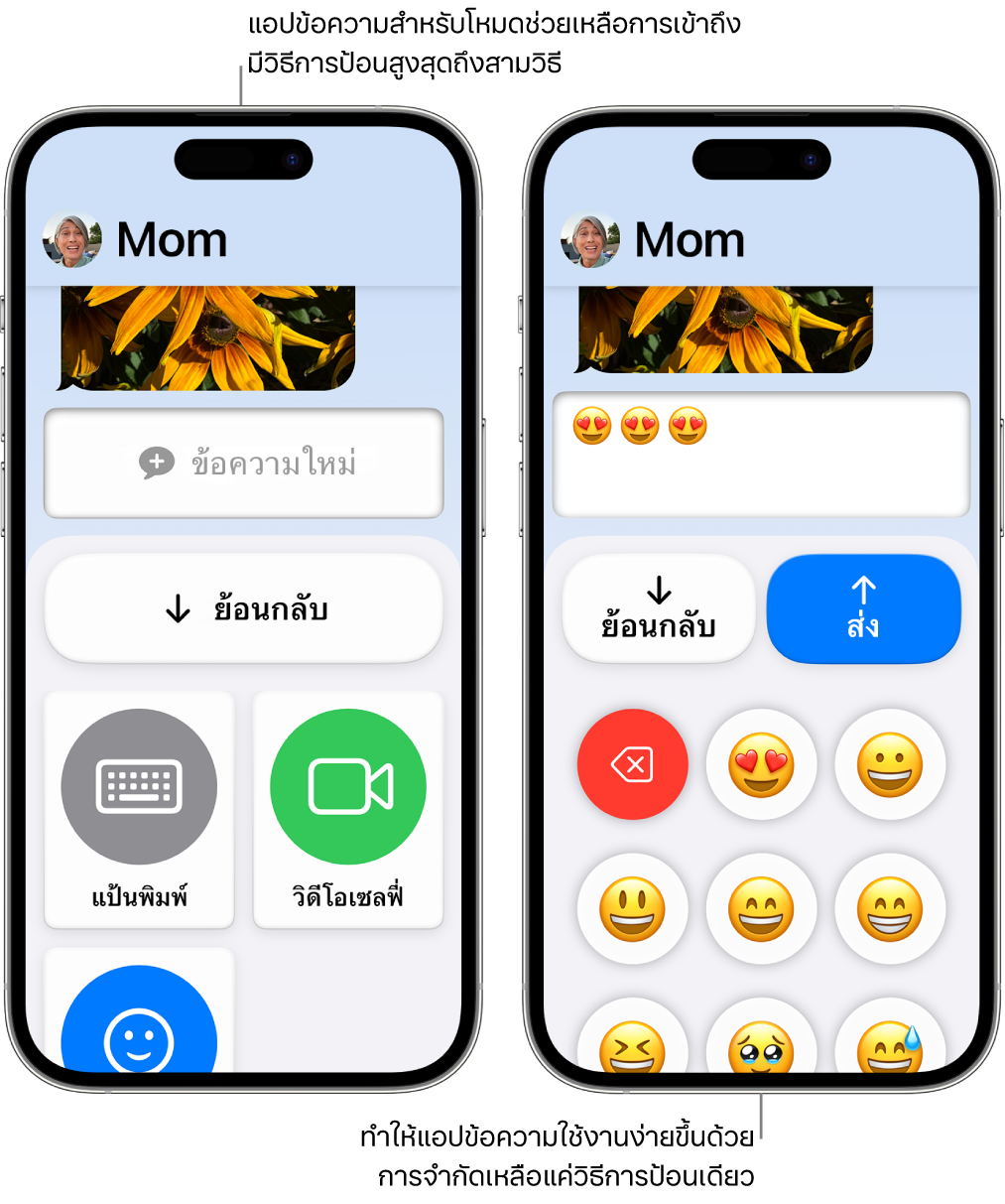 หน้าจอ iPhone สองเครื่องที่อยู่ในโหมดช่วยเหลือการเข้าถึง iPhone เครื่องหนึ่งแสดงแอปข้อความที่มีวิธีการป้อนข้อมูลเข้าสำหรับให้ผู้ใช้เลือก เช่น แป้นพิมพ์หรือวิดีโอเซลฟี่ อีกเครื่องแสดงข้อความที่กำลังถูกส่งโดยใช้แป้นพิมพ์แบบอิโมจิอย่างเดียว