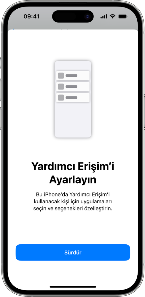 Yardımcı Erişim ayarlama ekranını ve en altta Sürdür düğmesini gösteren bir iPhone.